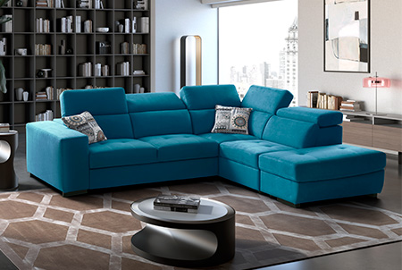 Milos Divano letto angolare con pouf contenitore blu