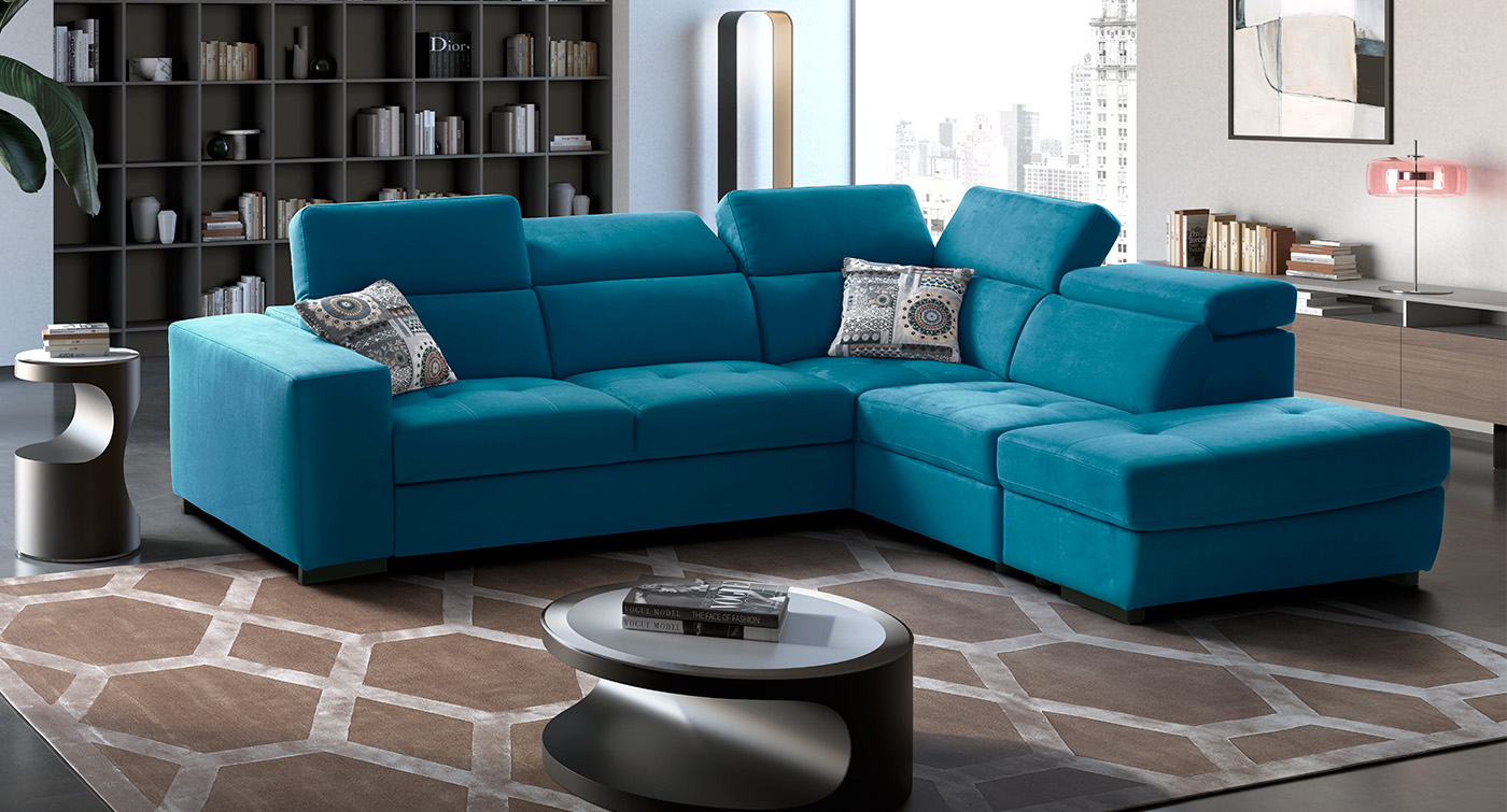 Milos Divano letto angolare con pouf contenitore blu