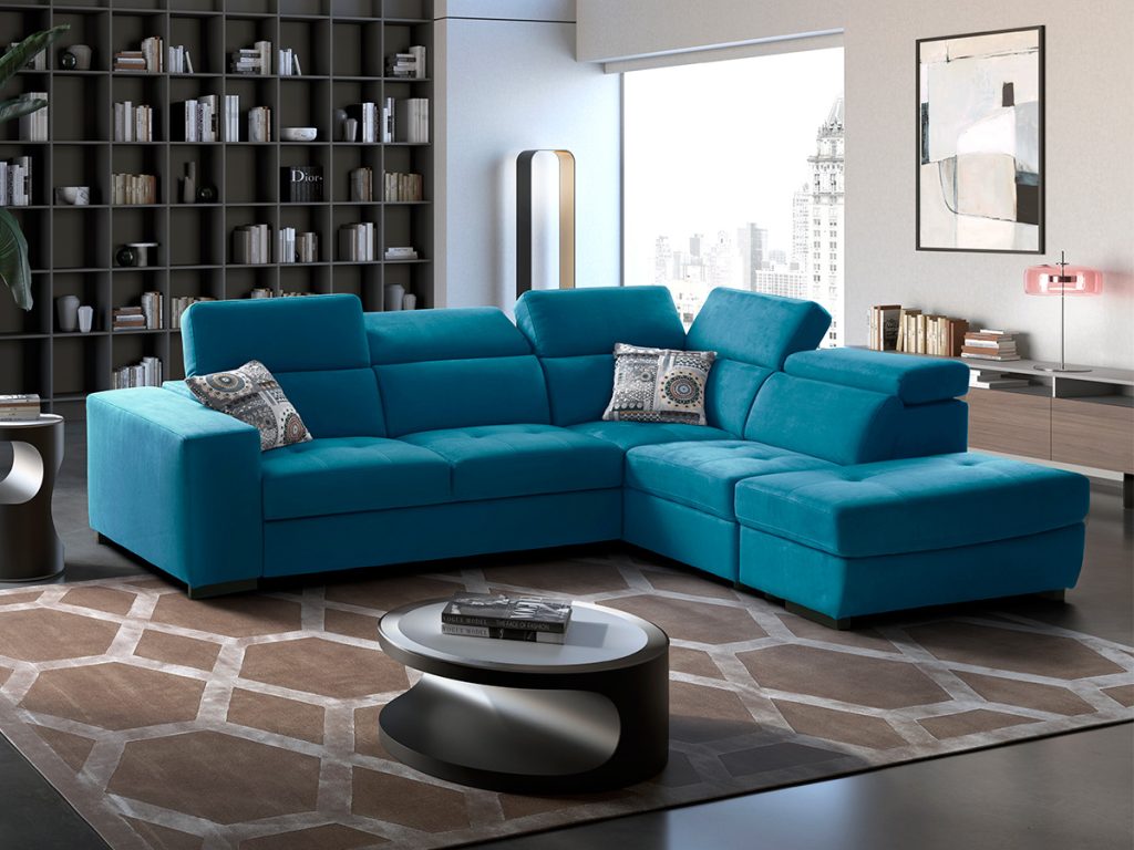 Milos Divano letto angolare con pouf contenitore blu