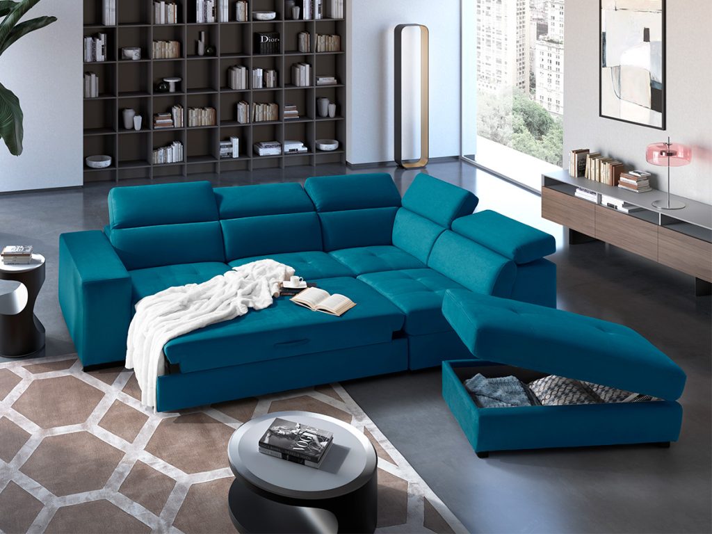 Milos Divano letto angolare con pouf contenitore blu