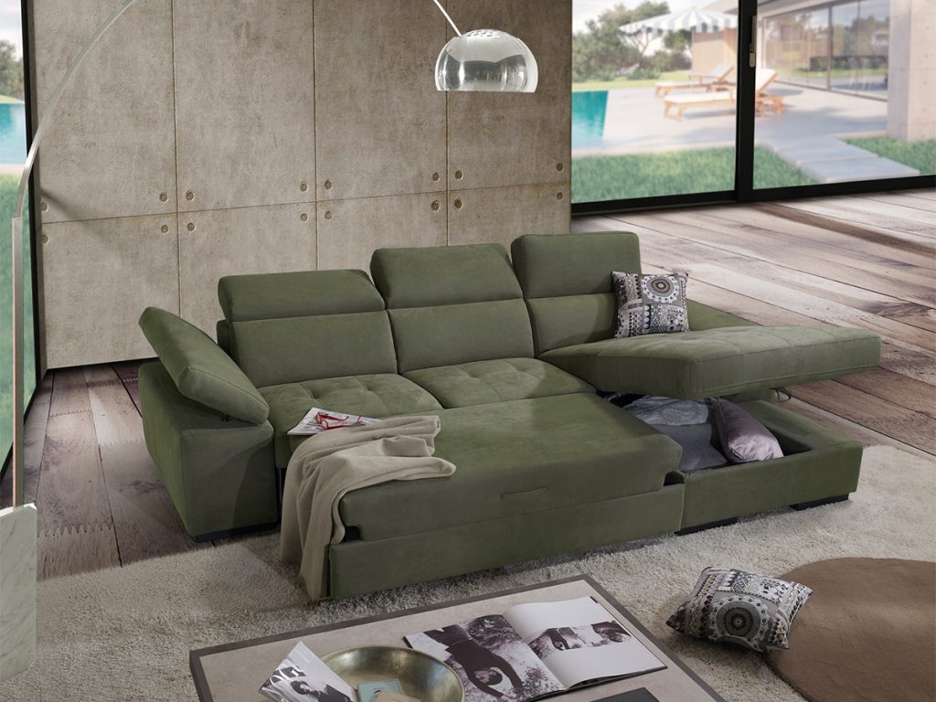 Milos Divano angolare con chaise longue contenitore verde