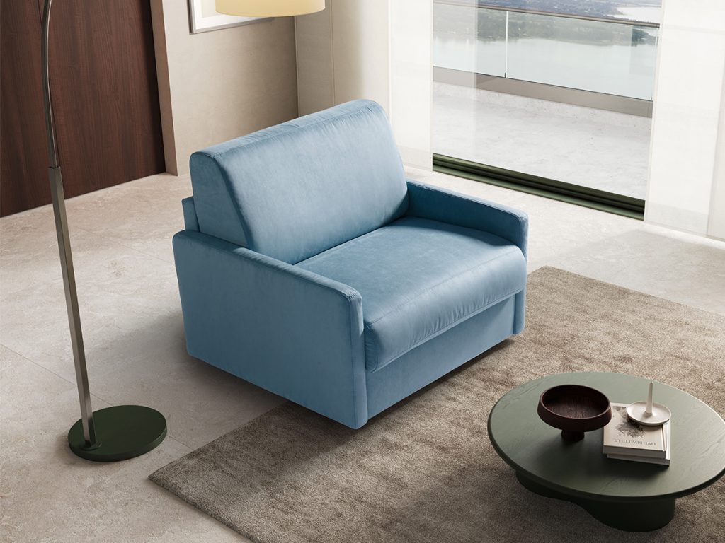 Poltrona letto in tessuto azzurro