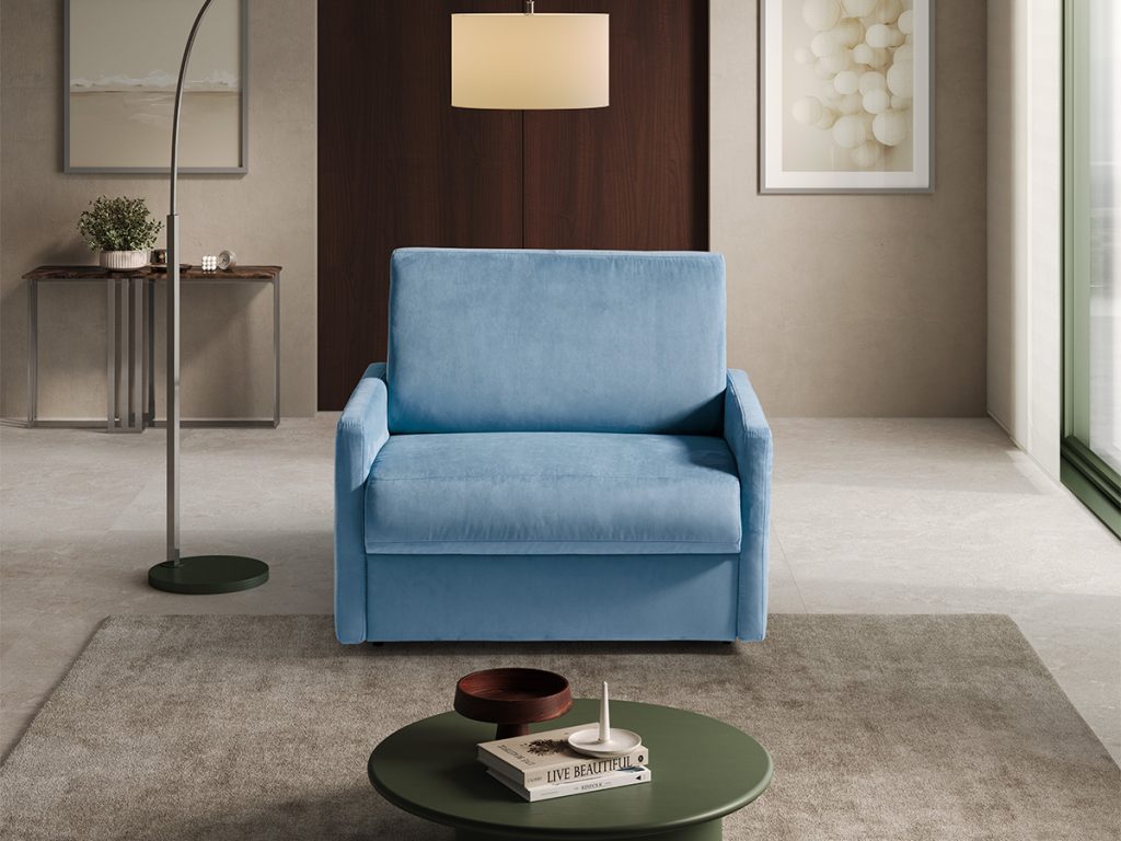 Poltrona letto in tessuto azzurro