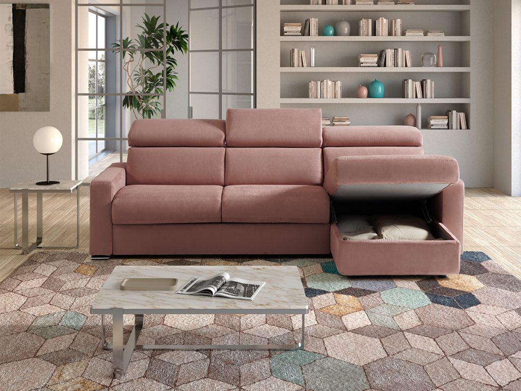 Maretta divano letto con chaise longue rosa