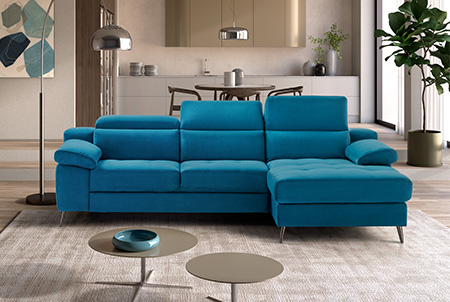 Venere divano angolare con chaise longue e letto delfino in tessuto antimacchia turchese