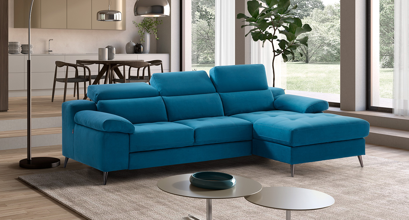 Venere divano angolare con chaise longue e letto delfino in tessuto antimacchia turchese