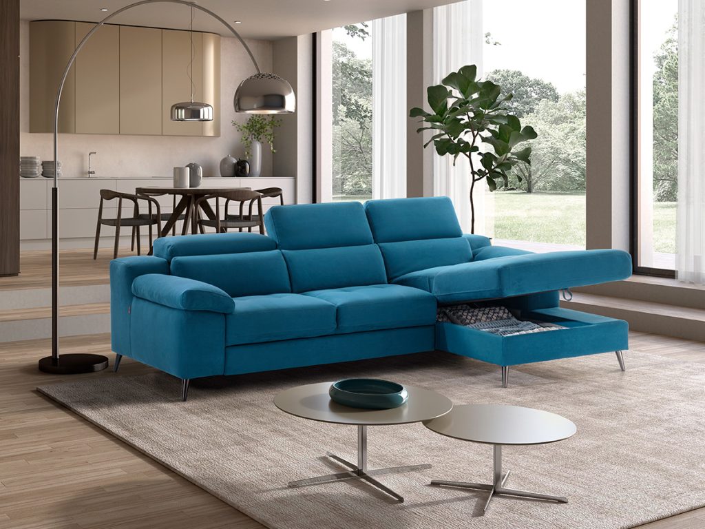 Venere divano angolare con chaise longue e letto delfino in tessuto antimacchia turchese