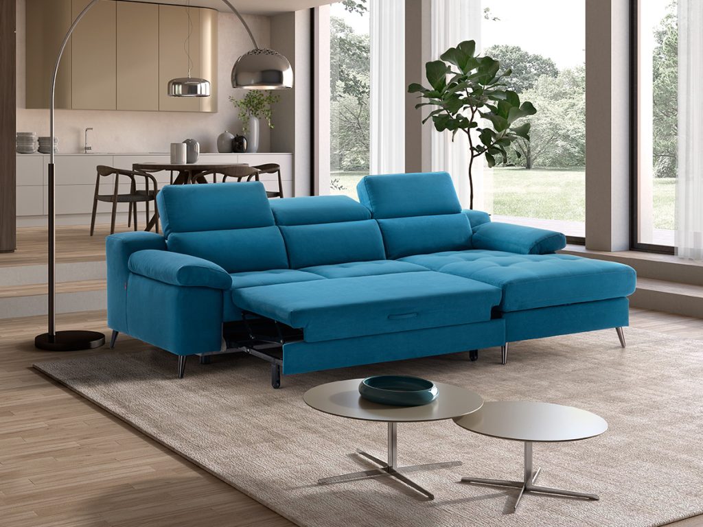 Venere divano angolare con chaise longue e letto delfino in tessuto antimacchia turchese