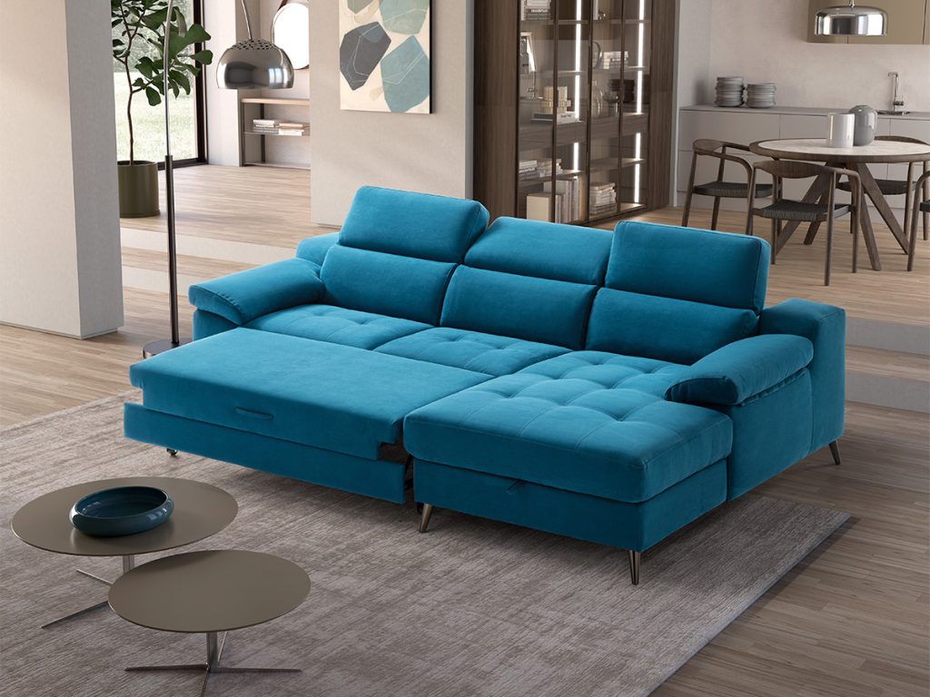Venere divano angolare con chaise longue e letto delfino in tessuto antimacchia turchese