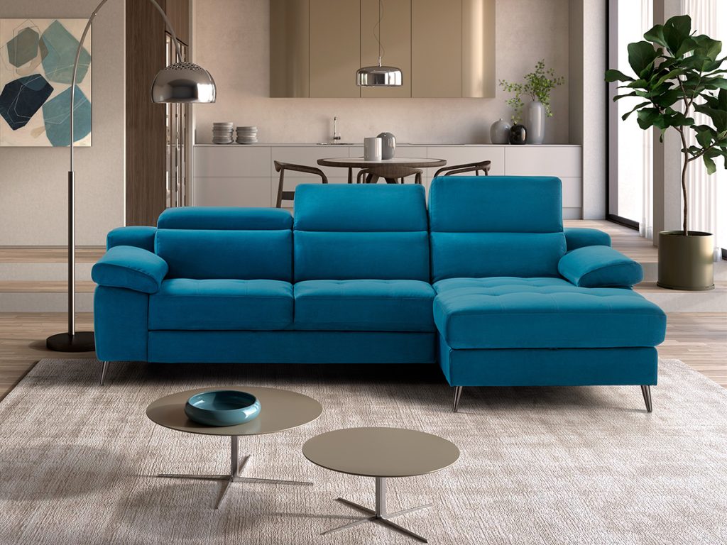 Venere divano angolare con chaise longue e letto delfino in tessuto antimacchia turchese