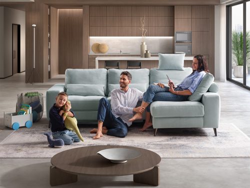 Mozia divano angolare con chaise longue contenitore in tessuto azzurro