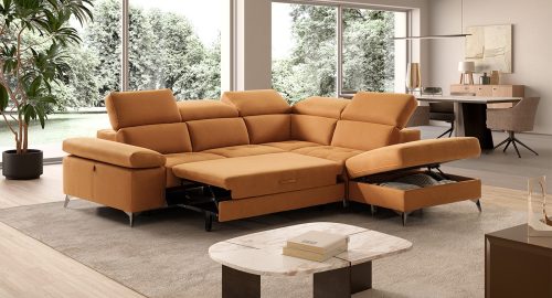 sandy divano angolare con letto delfino arancione
