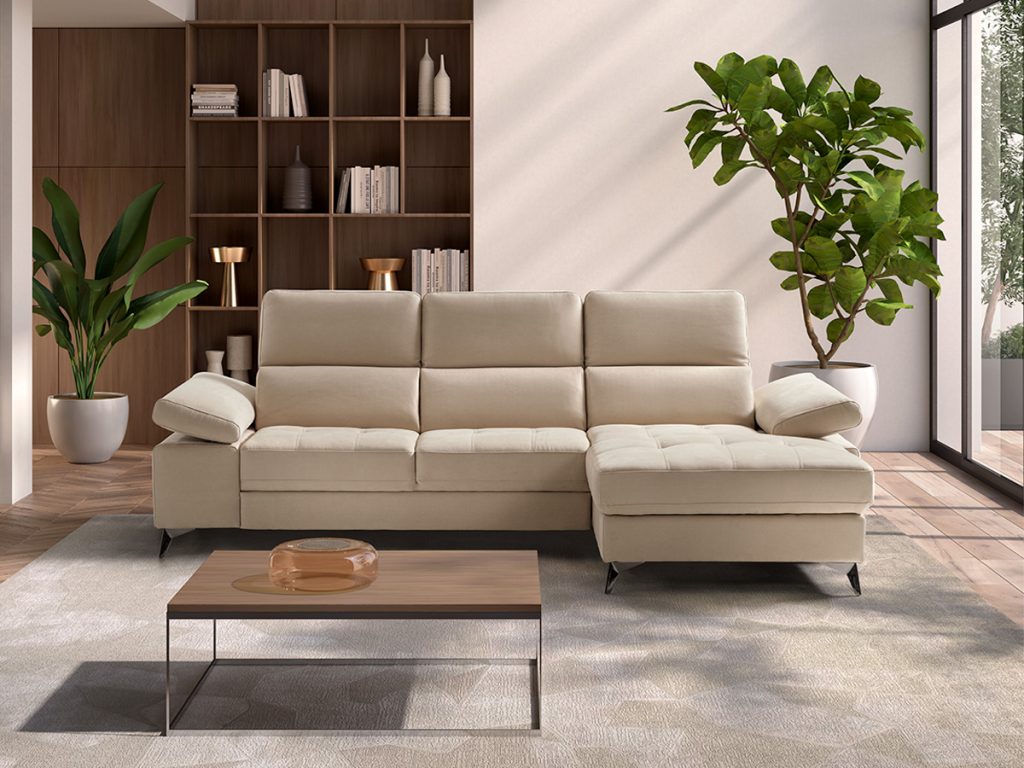 Sandy divano angolare con chaise longue in tessuto bianco