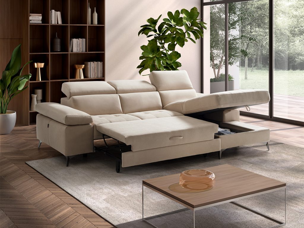 Sandy divano angolare con chaise longue in tessuto bianco