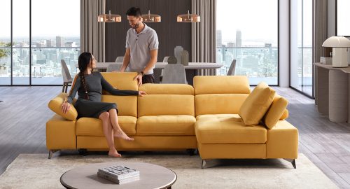 sandy divano angolare con chaise longue e doppio bracciolo regolabile giallo