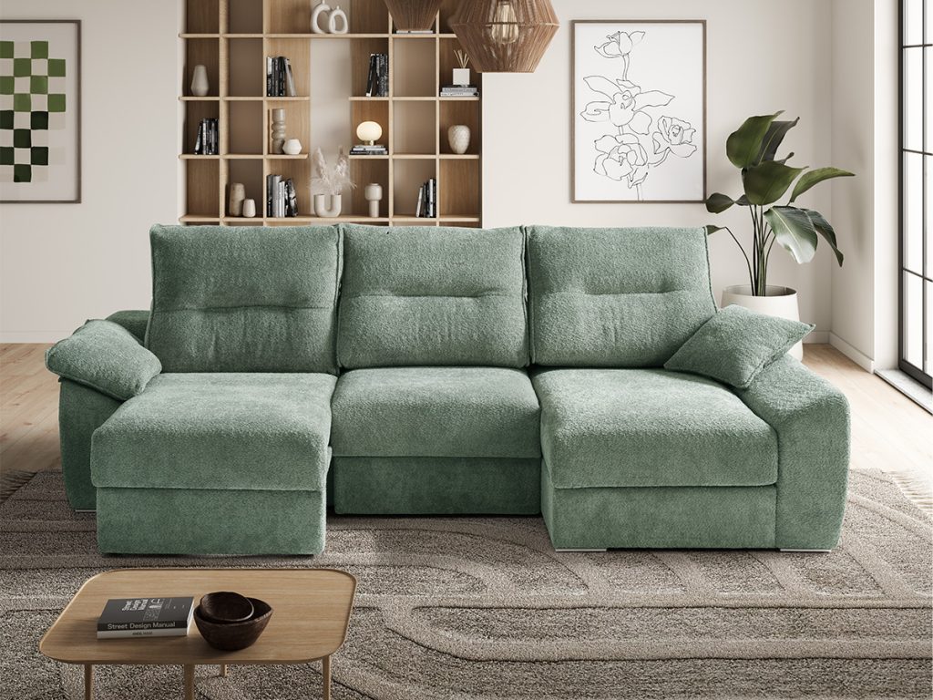 Malibù divano con sedute scorrevoli e chaise longue scorrevole verde