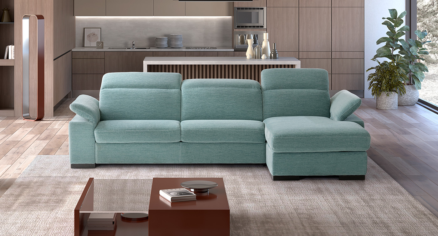 Oslo divano angolare con chaise longue contenitore azzurro
