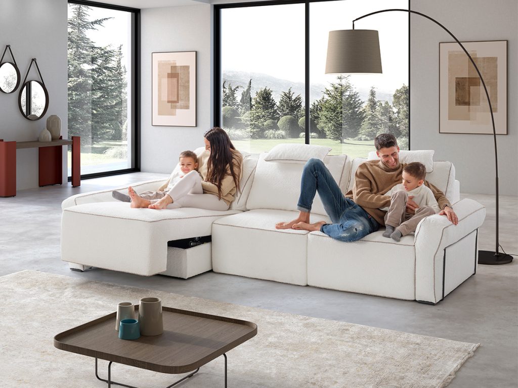 Icona divano angolare con chaise longue scorrevole e sedute scorrevoli contenitori bianco