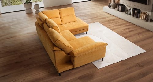 divano in tessuto moderno giallo con rivestimento antimacchia