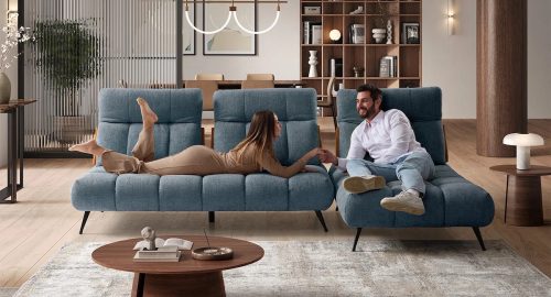 Divano in tessuto modulare blu con schienali regolabili