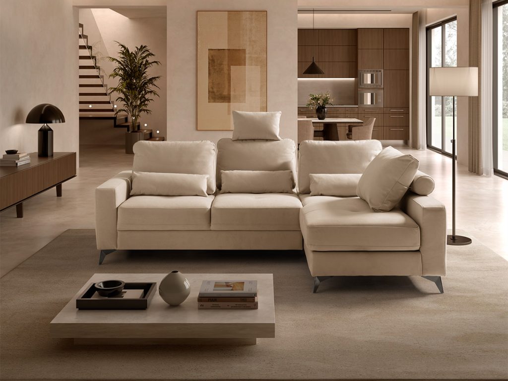 Mozia divano angolare con chaise longue contenitore in tessuto beige