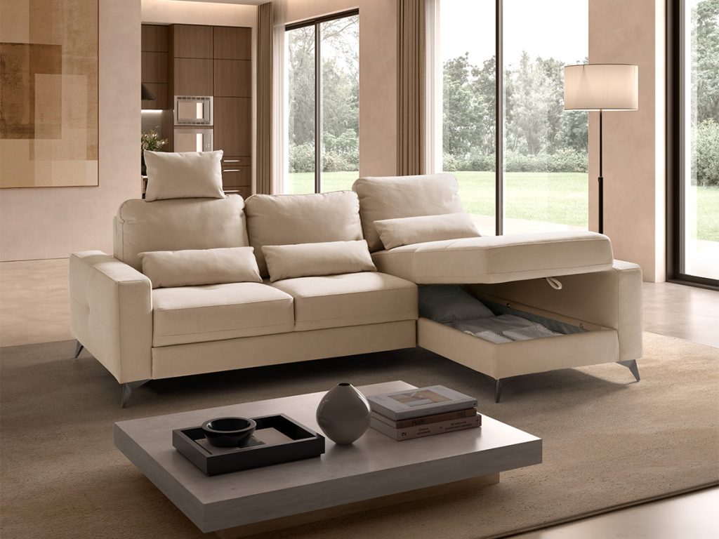 Mozia divano angolare con chaise longue contenitore in tessuto beige