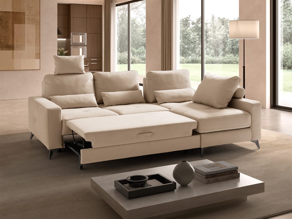 Mozia divano angolare con chaise longue contenitore in tessuto beige