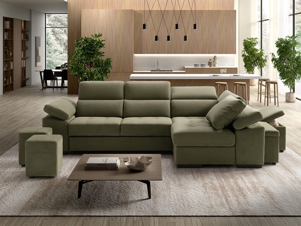 Milos Divano angolare con chaise longue contenitore verde con pouf contenitori