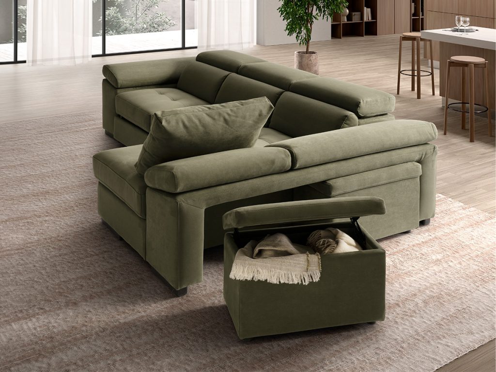 Milos Divano angolare con chaise longue contenitore verde con pouf contenitori