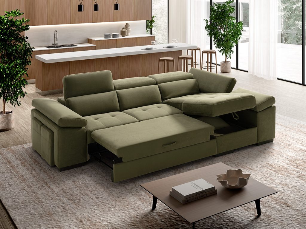 Milos Divano angolare con chaise longue contenitore verde con pouf contenitori