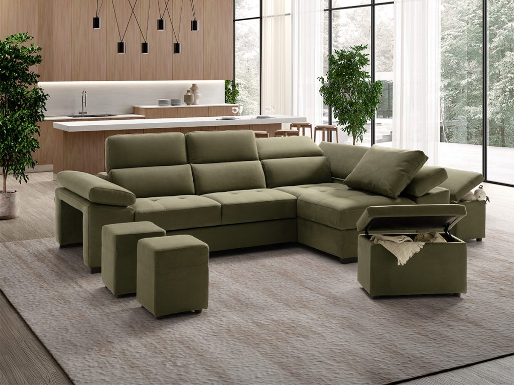 Milos Divano angolare con chaise longue contenitore verde con pouf contenitori